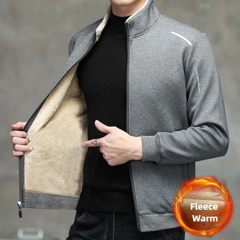 

Men Winter Lambswool Coats Windproof Warm Thick Fleece Stand-up Collar Sweatshirts Loose Fit Casual Print Sports Warm Jackets