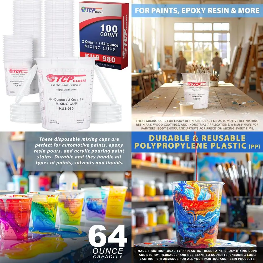 64oz Plastic Mixing Cups - 100 Pack for Auto Paint, Epoxy, Acrylic Resin & Liquids