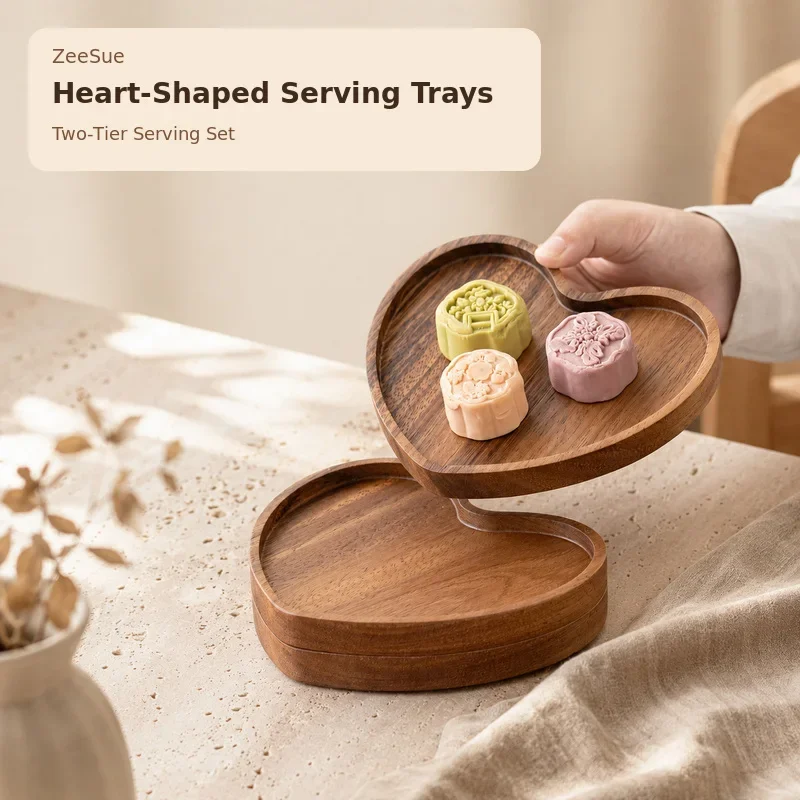 Heart-Shaped Wooden Serving Tray, Walnut-Tone Snack and Dessert Plate for Fruit, Candy and Tea