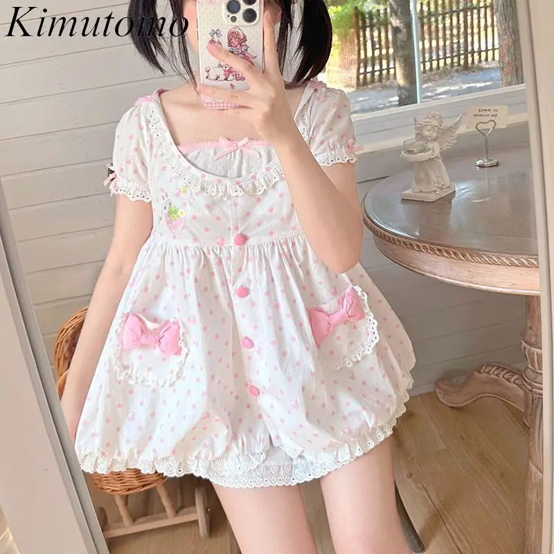 

Kimutomo T Shirts Women Sweet Japanese Style Strawberry Polka Dot Printed Hooded Bow Lace Patchwork Tops Y2k Harajuku Ladies