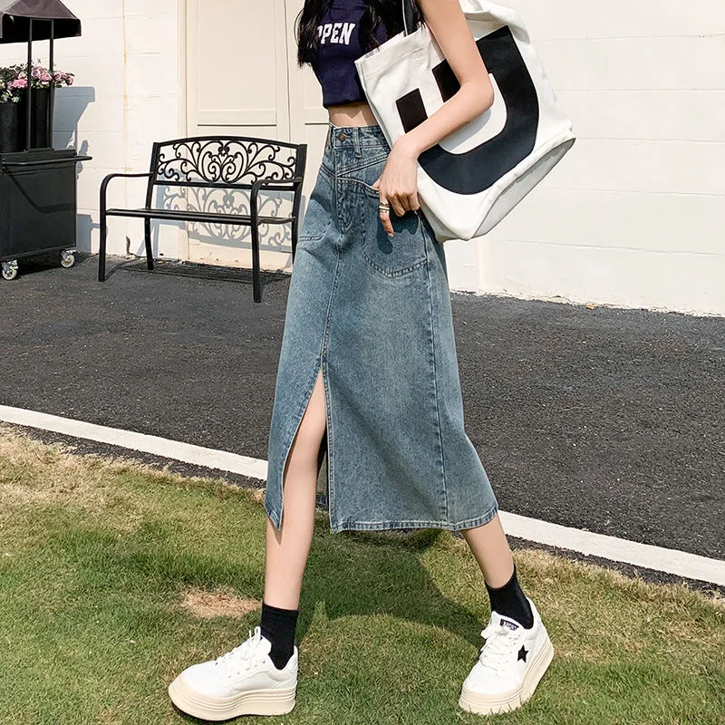 High Waist A-Line Midi Denim Skirt for Women Summer New Sle High Street Sle ature Skirts Commute Korean Sle