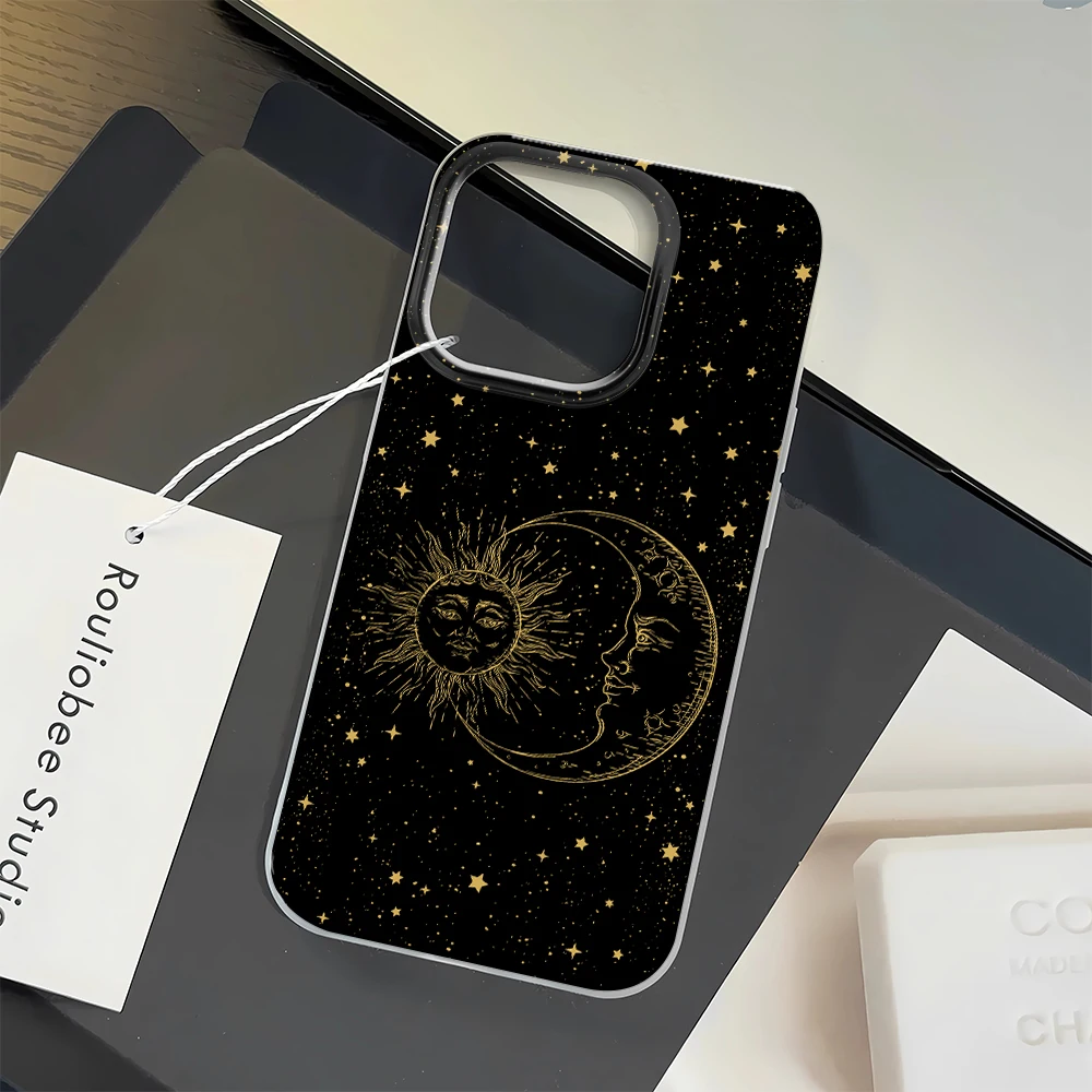 Retro Sun Moon Totem Frosted Black Phone Case For iPhone 11 15 16 12 13 14 Pro XS XR MAX 7 8 Plus SE 2020 2022 Phone Cover