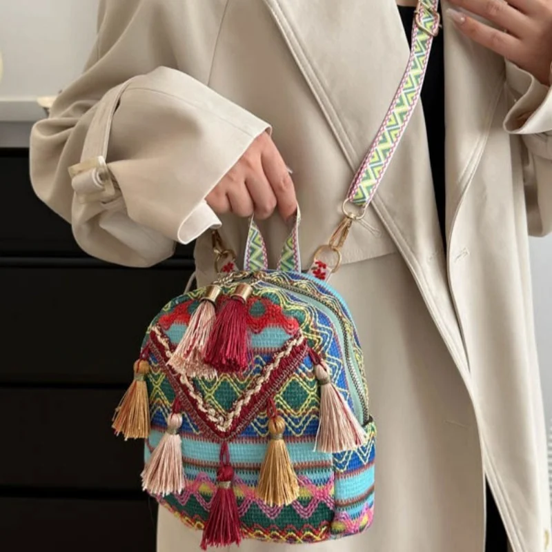 Women Bohemian Style Mini Backpack Geometric Weave With Tassels Lightweight Convertible Crossbody Bag For Everyday Vacation - view 3