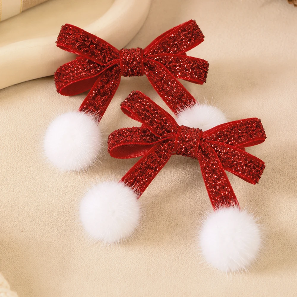 Cute Christmas Sparkly Glitter Hair Bows for Girls Pom Pom Velvet Ribbon Bow Spring Winter Hair Clip