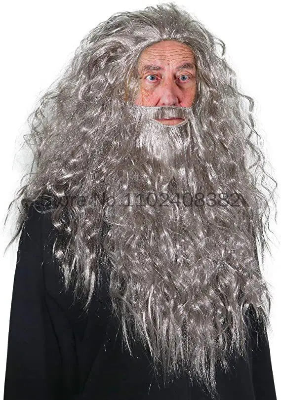Baard Set Tovenaarskostuum Halloween Cosplay Haar Lange Accessoires Feest Grijs Nep Krullend Aankleden Grijs Heren Accessoire Jezus Rechter