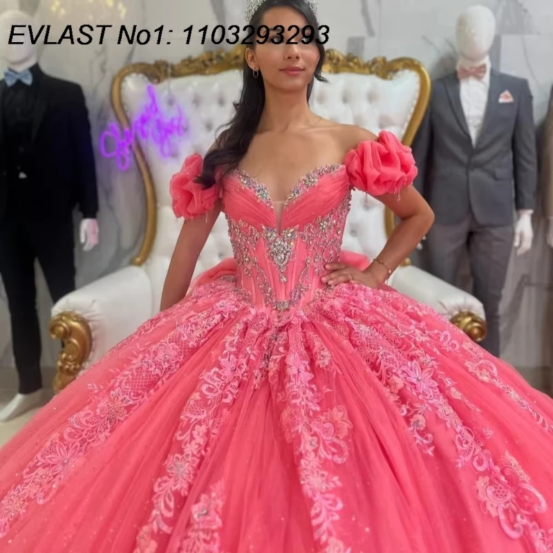 EVLAST personnalisé luxe rose robe De bal Quinceanera robe dentelle Applique cristal perlé arc doux 16 robes De 15 Anos E1QN130