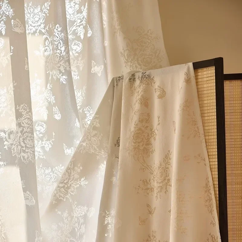 N3211Flower yarn cream color light luxury curtain yarn curtain light transparent living room window screen