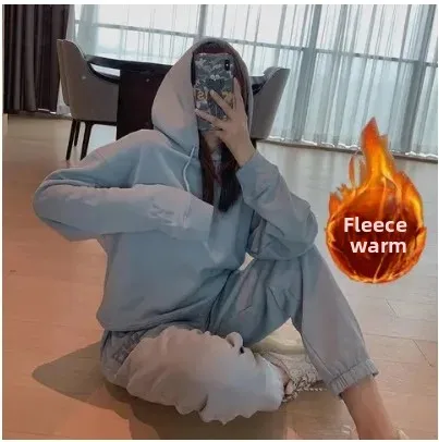 طقم رياضي نسائي سميك مبطن بالصوف فضفاض مناسب كاجوال مكون من قطعتين للخريف والشتاء على الطراز الكوري مريح