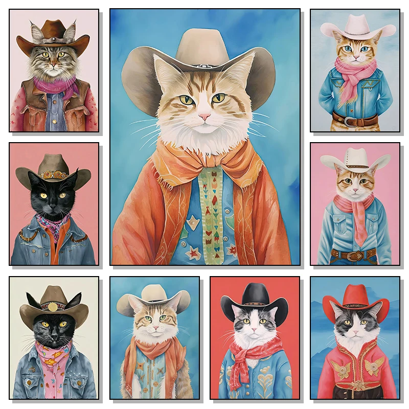 Retro Abstract Animal Portrait Cowboy Different Cat Fashion Wear Poster Canvas Painting Wall Art Pictures Home Decor