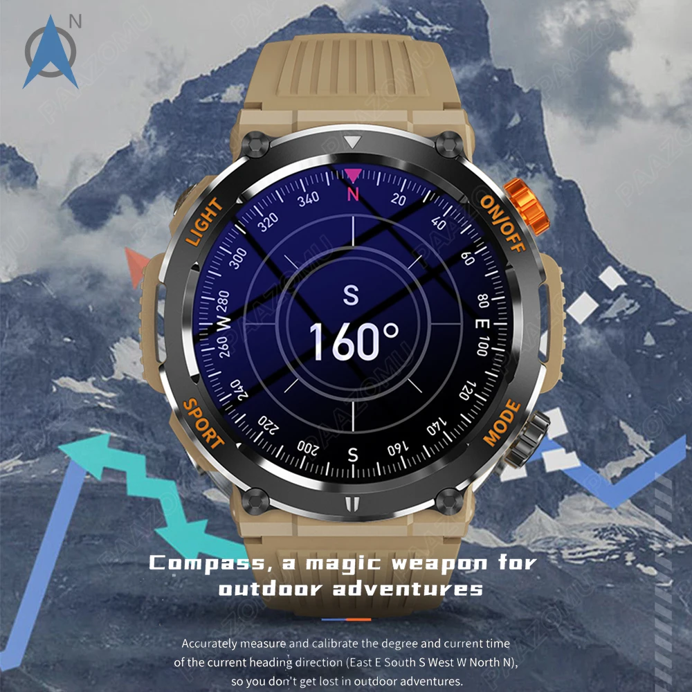 2023 New Compass Smart Watch LED Flashlight Outdoor Watches IP67 Waterproof Bluetooth Call Sports Fitness Tracker Smartwatch Men