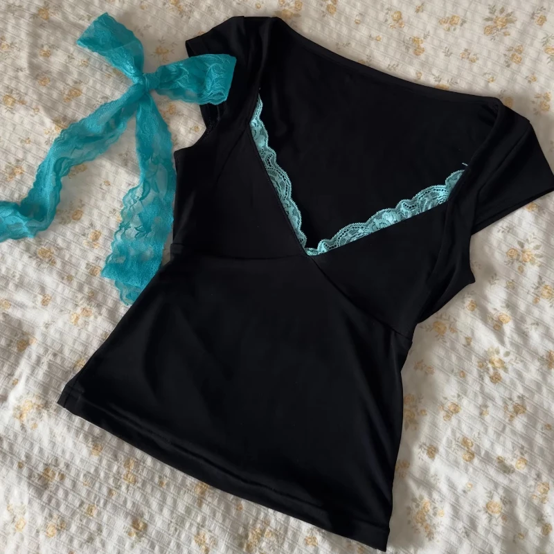 Summer Y2k sexy hot girl style V-neck short sleeved top American lace patchwork solid color slim casual short sleeved Tshirt top