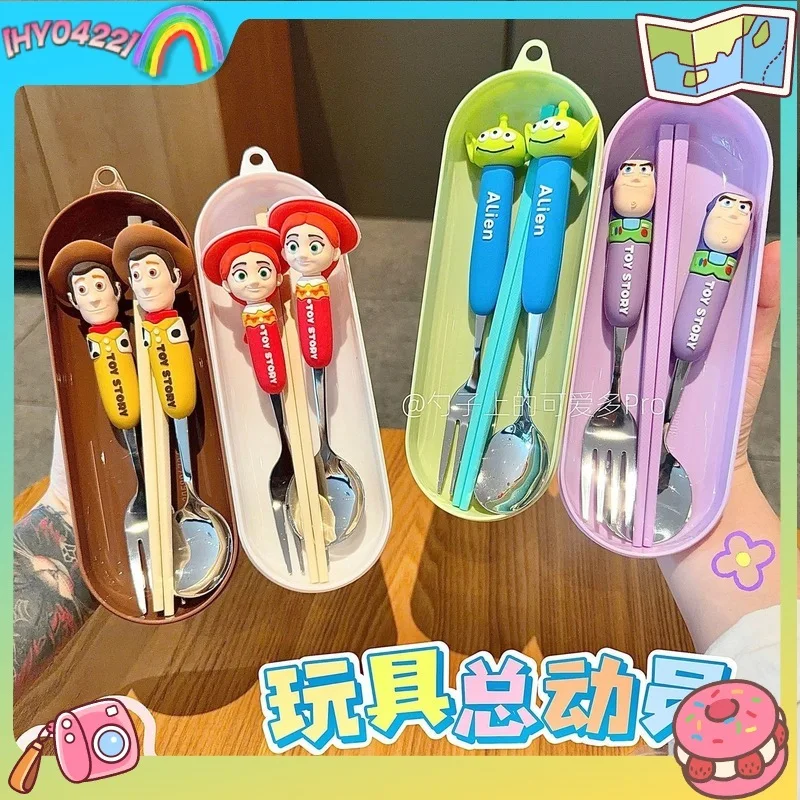 Conjunto de Talheres Portátil de Aço Inoxidável 304 com Desenhos Animados Toy Story, Colher e Garfo, para Uso Diário em Casa, Escritório e Atividades ao Ar Livre, Presentes