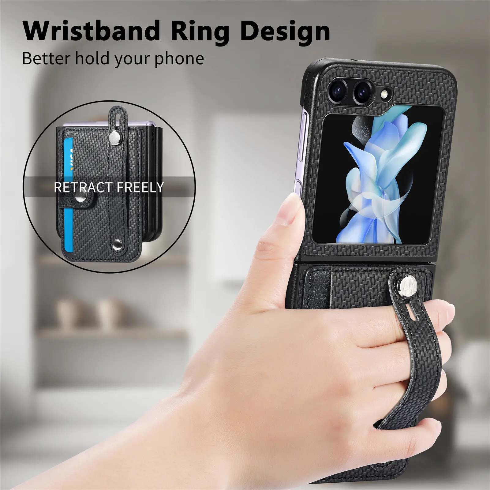 

Wristband Ring Phone Case For Samsung Galaxy Z Flip 5 4 3 2 1 Wallet Stand Card Slot Fibre Pattern Shockproof Protective Cover