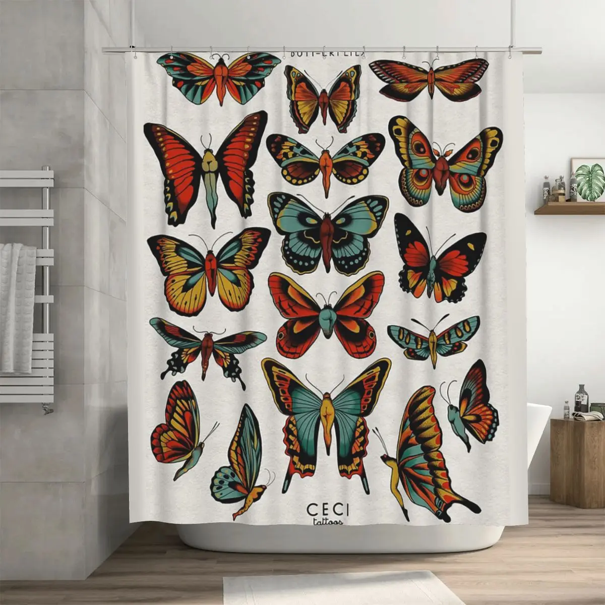 Butterflies Traditional Tattoo Flash Shower Curtain Bathroom Polyester Waterproof Bath Curtains with Hooks