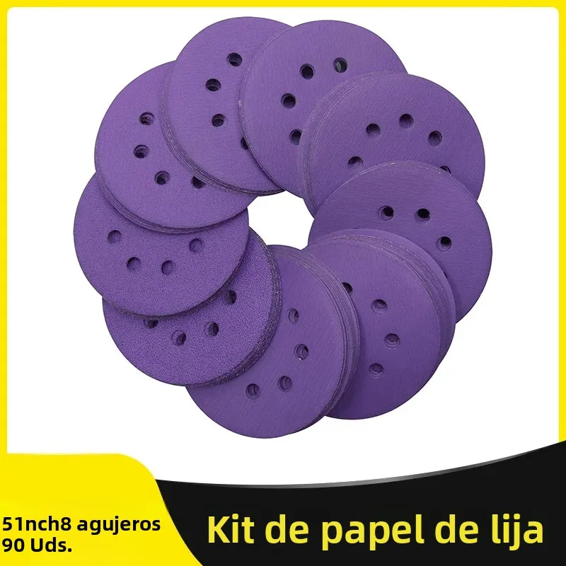 Kit de papel de lija de 90 Uds., 5 pulgadas, 8 agujeros, gancho y bucle, grano 60-800, surtido de papel de lija orbital púrpura profesional Coarser to Finer