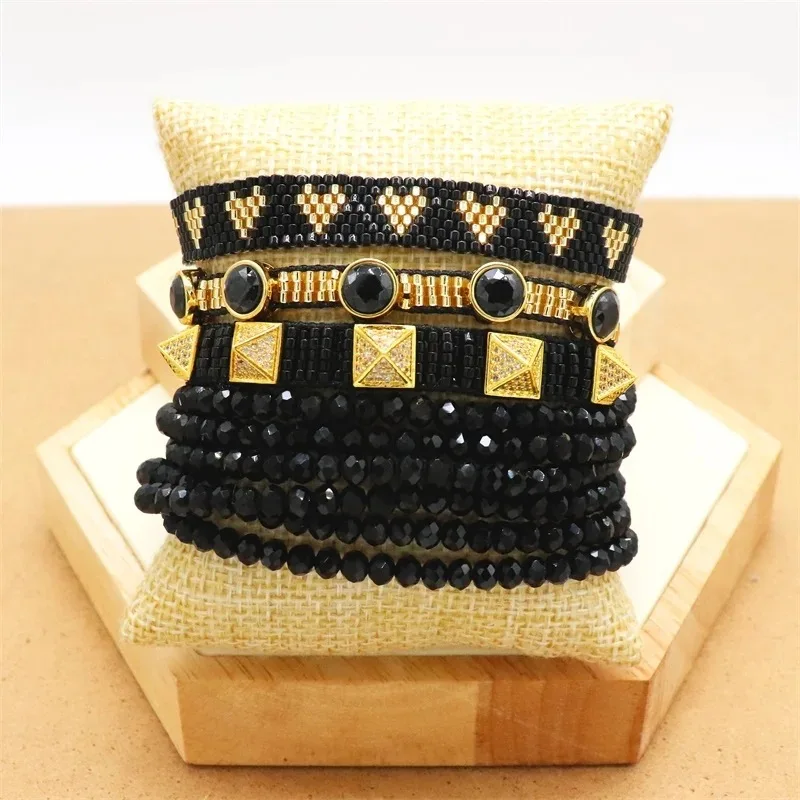 Vintage siyah serisi moda şeftali kalp Miyuki bilezik çok katmanlı kristal boncuklu zirkon perçin bilezik