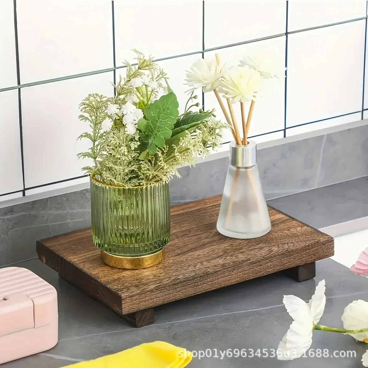 Wood Tray Pedestal Stand Farmhouse Bathroom Decor Decorative Wooden Riser Kitchen Soap Dish Holder for Vanity, Counter, Sink