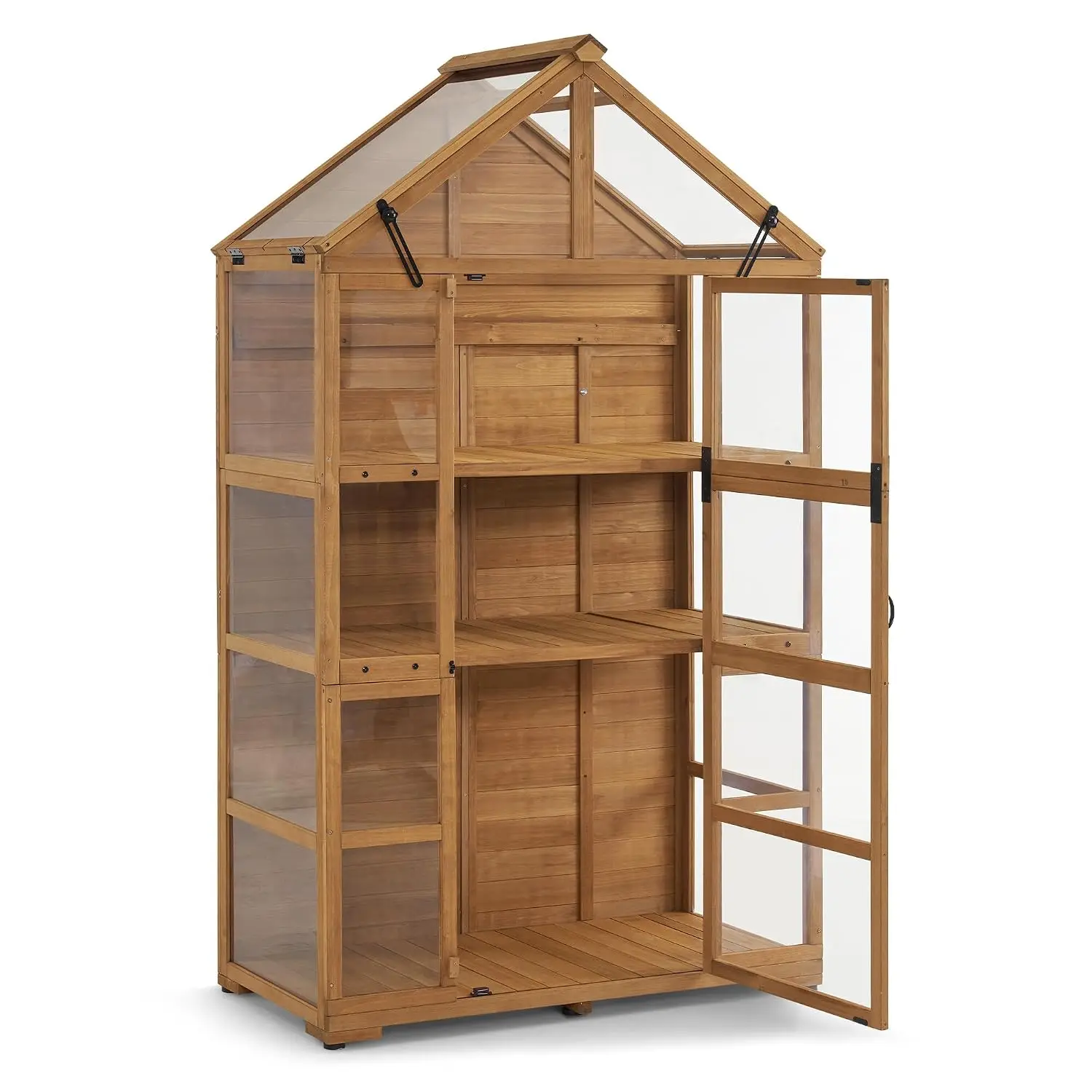Wooden Greenhouse with Adjustable Shelves & Roof Vent, Outdoor Garden Plant House, Natural, Customized
