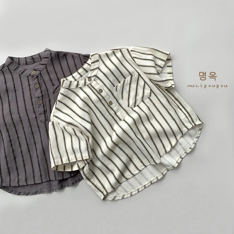 

HZMY-Personality Fashion Children's Shirt~Summer New Men's and Women's Japanese-Style Striped Short-Sleeved All-Match Top for Ch