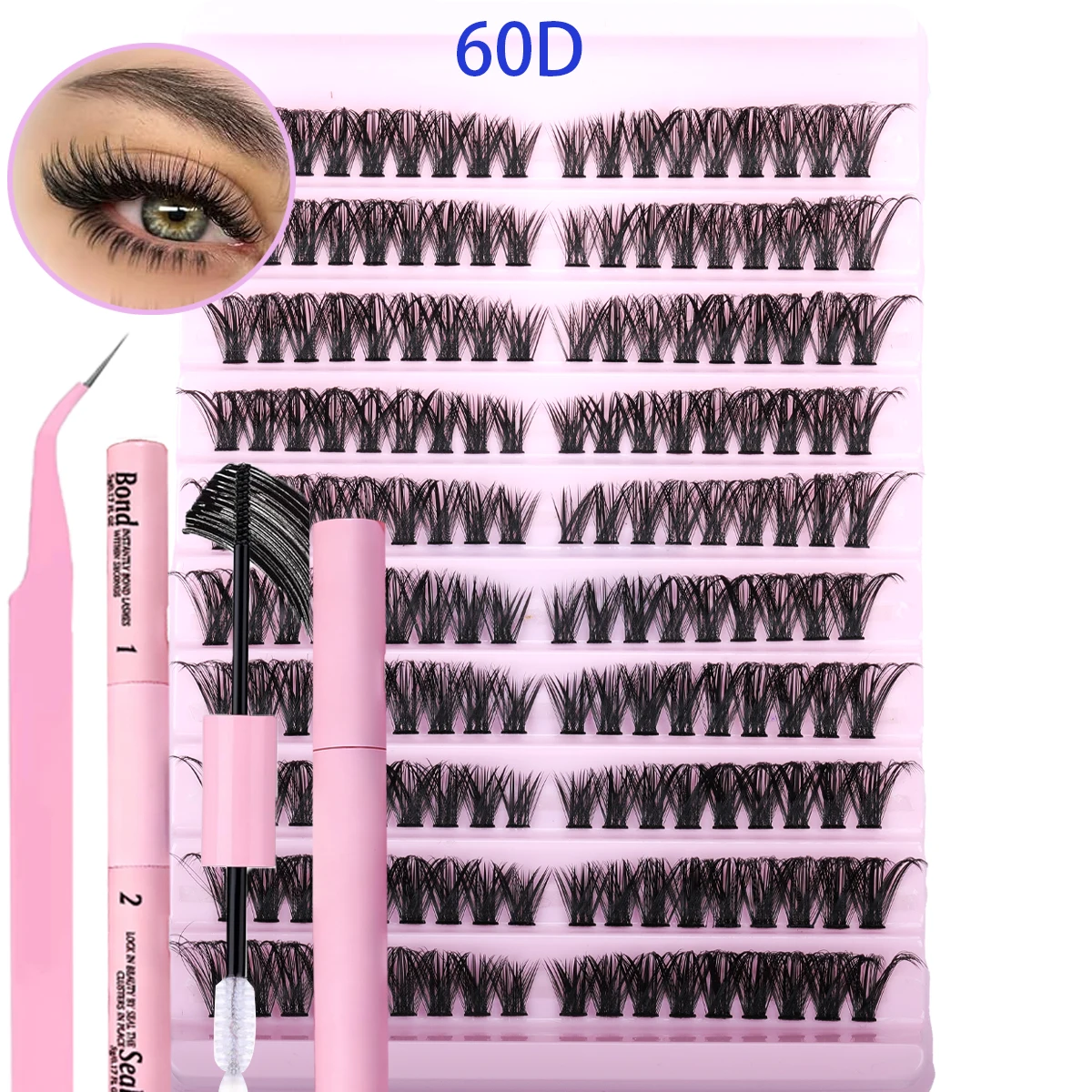 10 Reihen Wimpernbüschel-Set 30-120 Stück DIY Wimpernverlängerungs-Kit mit Pinzette, 2-in-1 Bond & Seal Kleber für natürlichen Volumen-Look