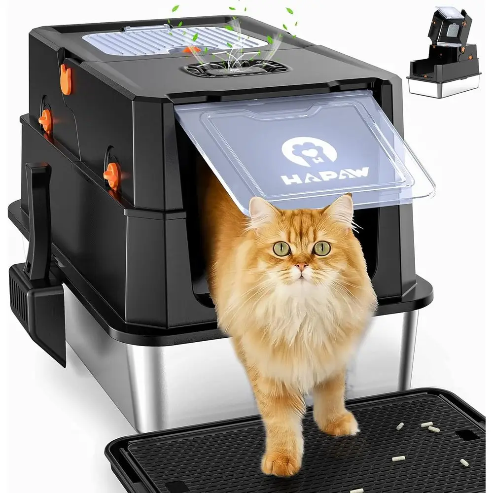 Large Black Enclosed Metal Cat Litter Box with Lid, Anti-Leak, Dual Entry, Odor Control, and Scoop