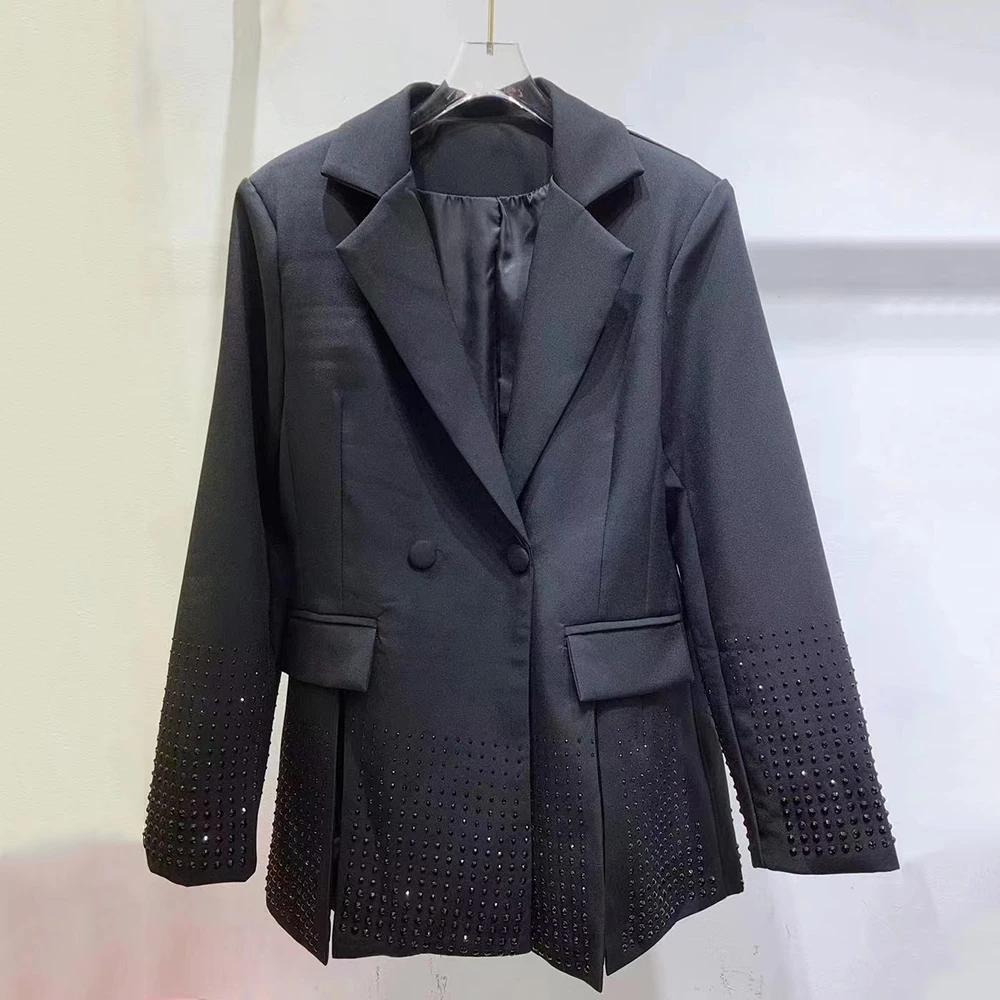 Twotwinstyle sólido emendado diamantes emagrecimento blazer para mulher gola entalhada manga longa retalhos botão split casaco feminino novo