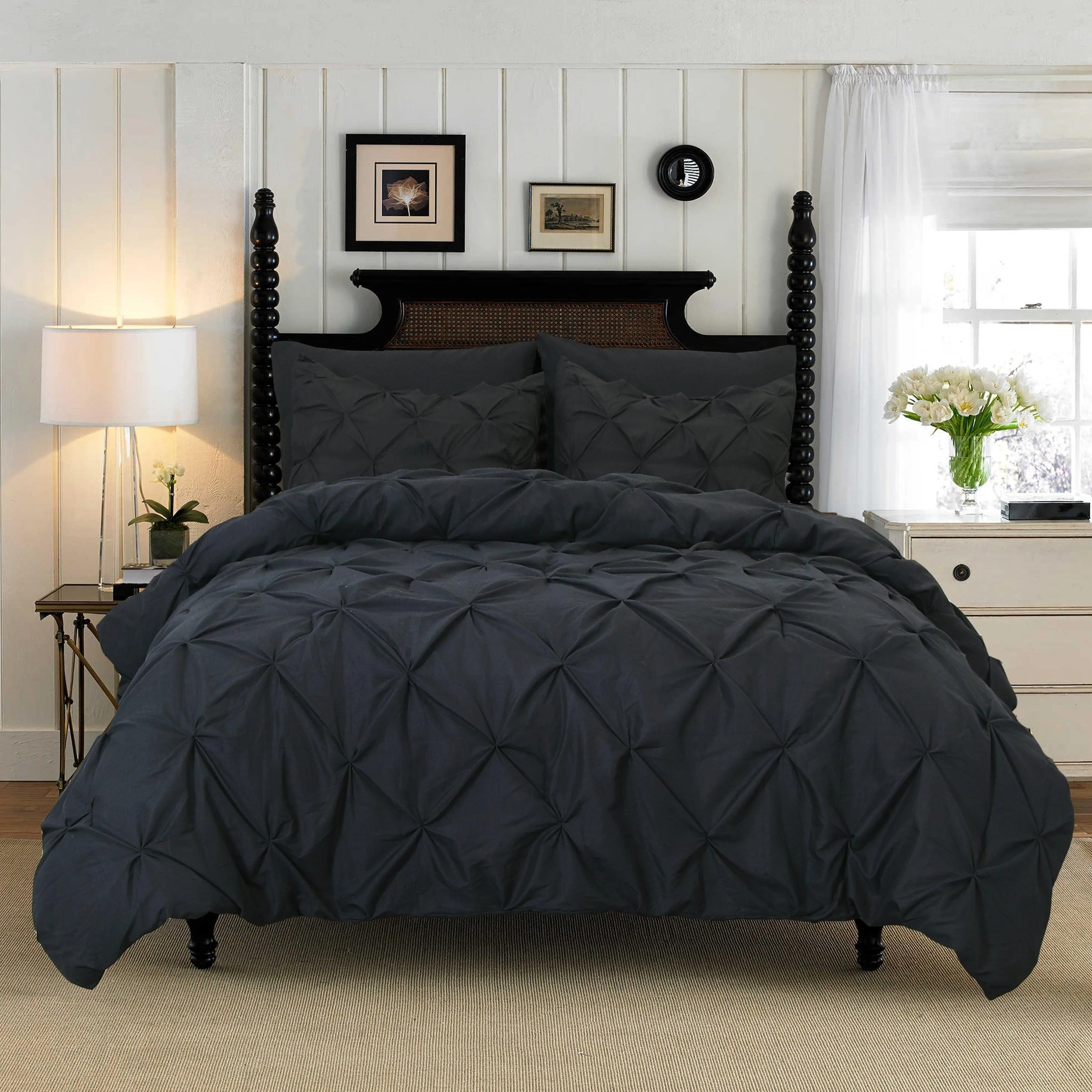 Cotton Bedding Set Elegant Comfort Pinch Pleated Pintuck Pattern 3-Piece Duvet Cover Set Features Corner Ties