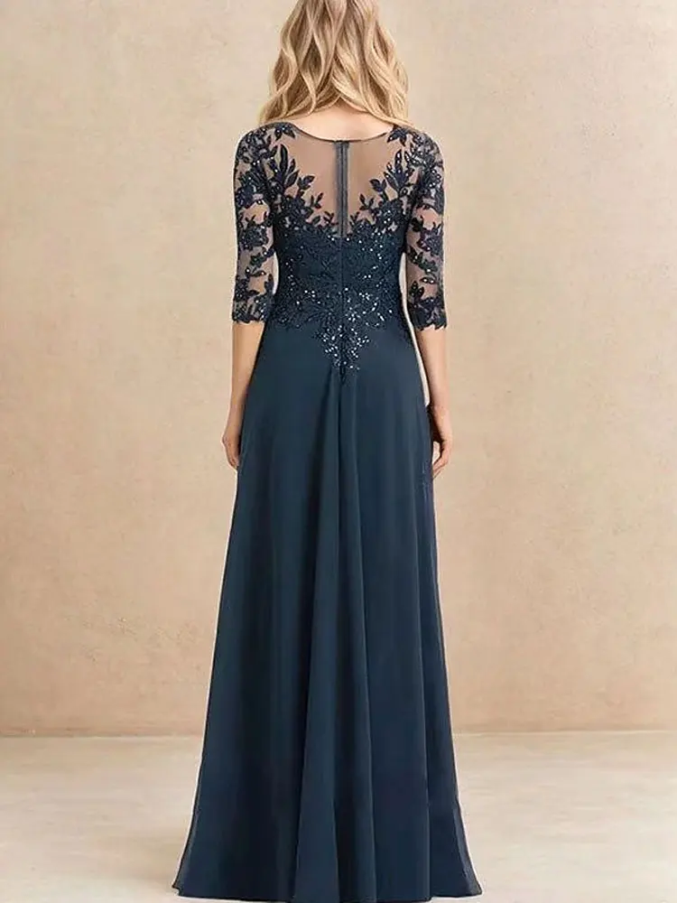 Mother of The Bride Dress Navy Glitter Sequin Lace Party Gowns A Line 3/4 Sleeves V Neck Chiffon Wedding Guest Dress Customized