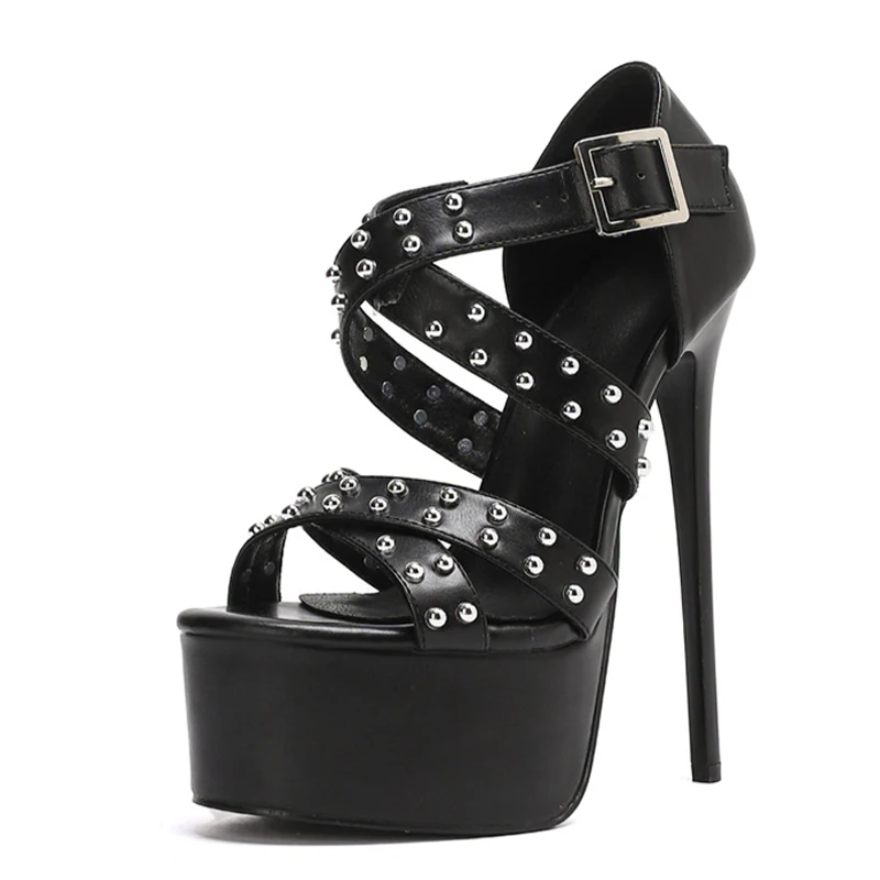 Liyke Fashion Design Metal Rivet Buckle Strap Platform Sandals Women Party Banquet Shoe Sexy Peep Toe Stripper High Heels Black