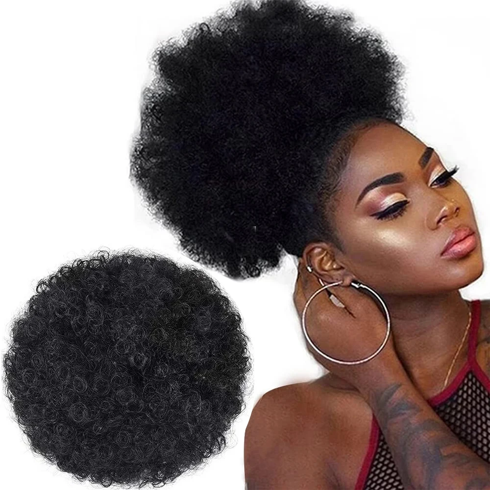 Human Hair Afro Puff Drawstring Ponytail Drawstring High Puff Ponytail Short Kinky Curly Bun Hairpiece Fluffy Updo Hair