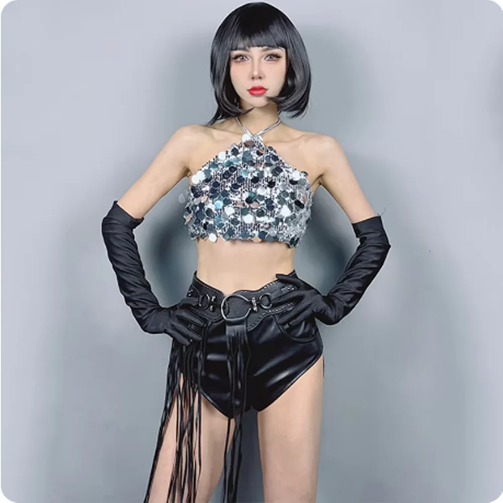 Strój do klubu nocnego, jazzowy, taneczny, damski, hip-hopowy, kostium sceniczny, seksowny strój dla tancerki gogo, srebrna cekinowa kamizelka, czarne szorty z frędzlami, 2025