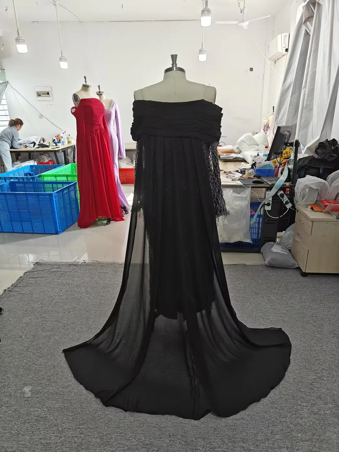 Flechazo Black Straight Evening Dress Boat Neck Off the Shoulder Long Sleeve with Beading Lace Ankle Length Pleat Custom Gown