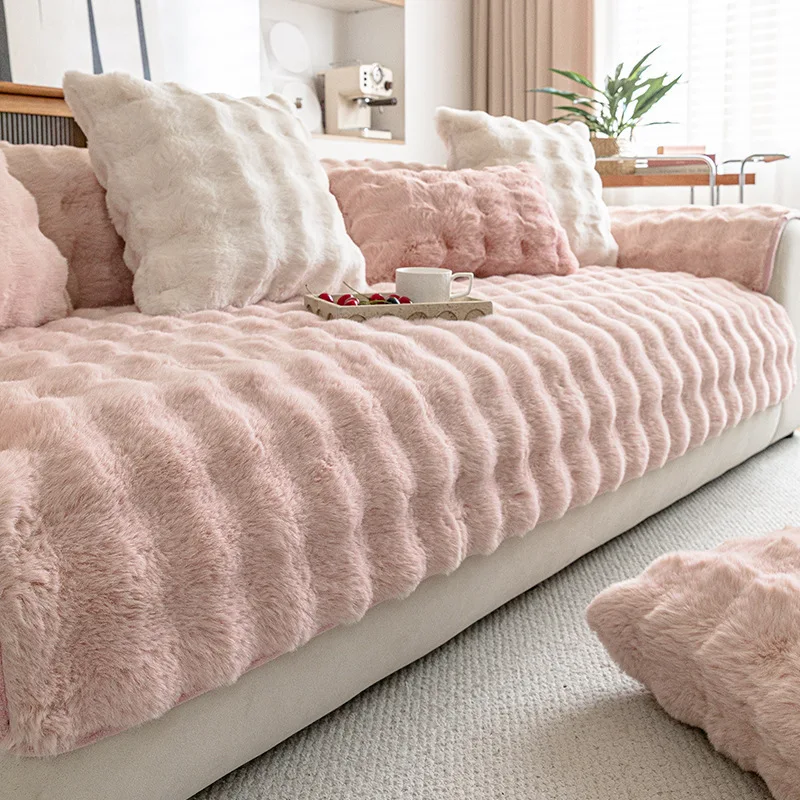 New straight sofa with thickened plush cushion, one-piece cream colored leather sofa cover cloth that can be removed and washed