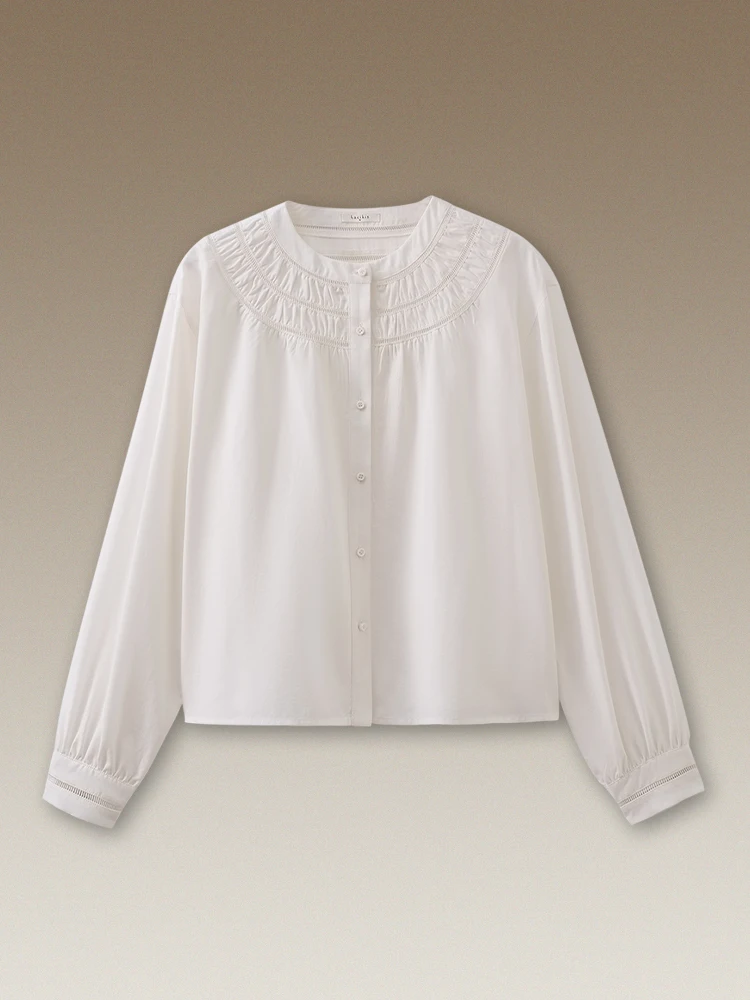 Slimming Effect Ruffle Patchwork Drapey Lyocell Linen Blend Long Sleeve round Neck Commute Loose Fit Shirt for Young Women