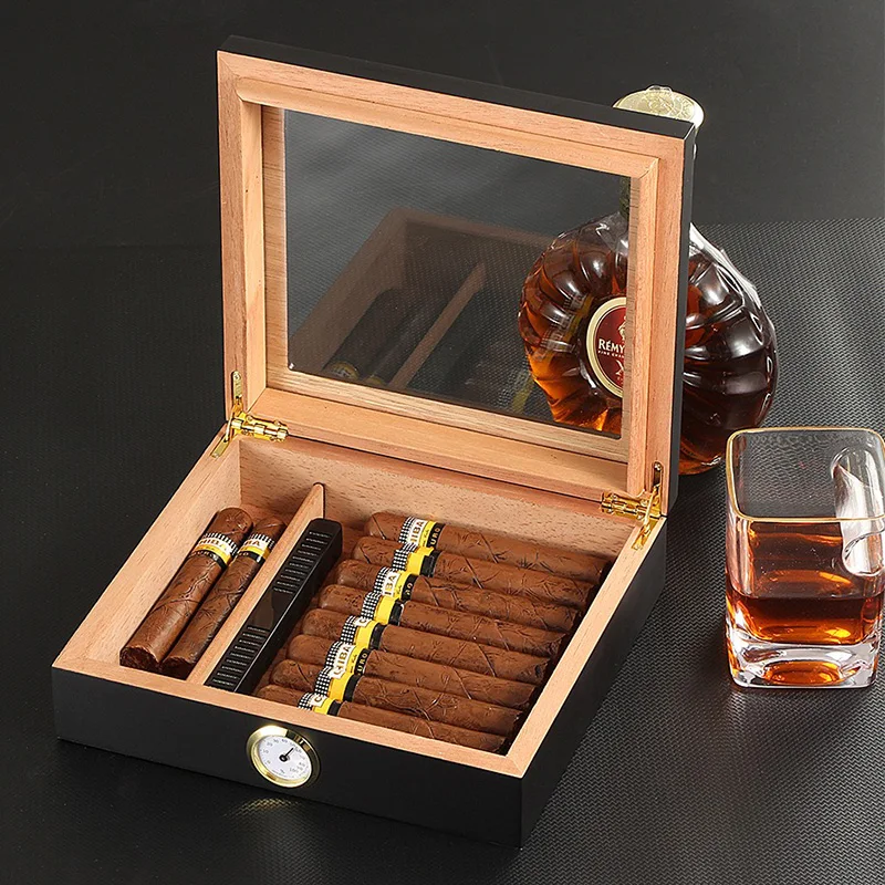 Cigar Storage Box with Humidifier Hygrometer, 25 Cigars  Cedar Wood Lined Cabinet,  Glass Top Portable Handmade Cigar Box