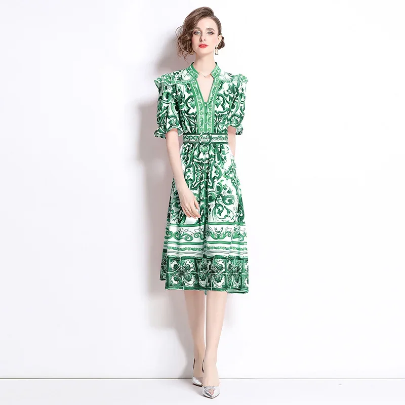 TRAF Europe and America Summer Runway Porcelain Print Midi Dress Women V -Neck Flying Sleeve Buttons Belt Slim Clothes Vestido