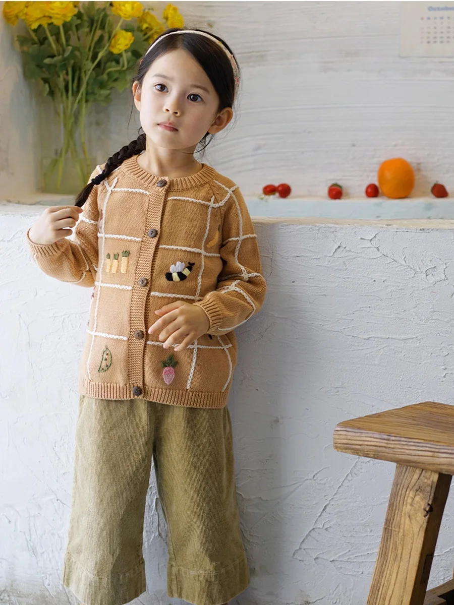 2026 New Autumn Winter Nordic Style Baby Girls Knit Cardigan, Hand Embroidered Little Bee Sweater Coat, Brown Blue Available