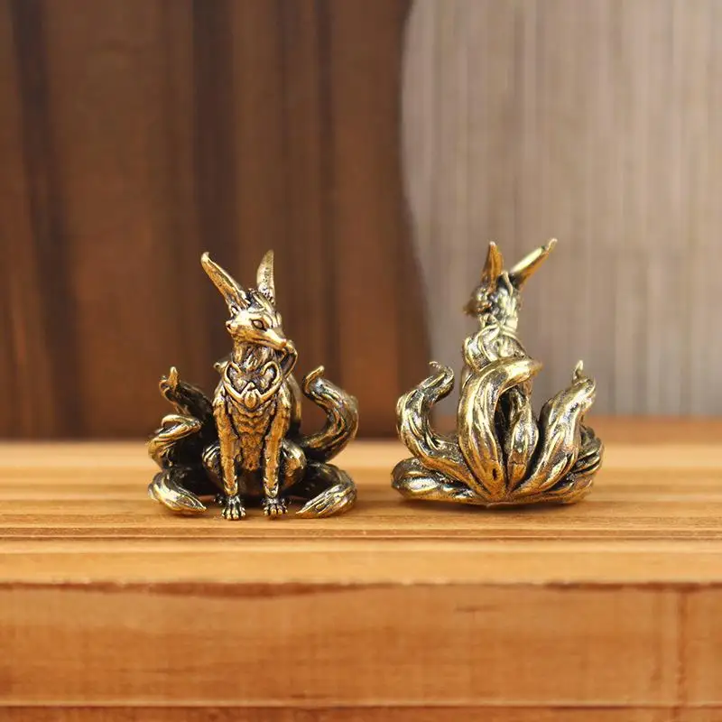 One Piece Miniature Nine Tailed Fox Figurine, Brass Desk Ornament, Mythical Animal Statue for Home Decor and Crafting