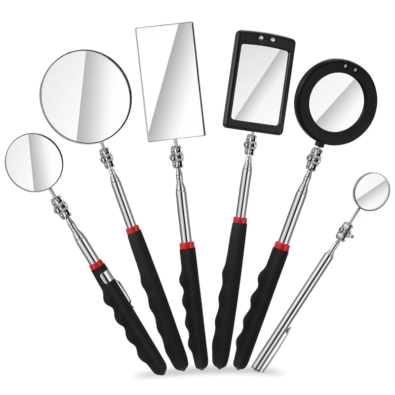AT02-6Pcs LED Telescoping Inspection Mirror,Retractable LED Mechanical Mirror Tool,Retractable Under Vehicle Detection Mirror