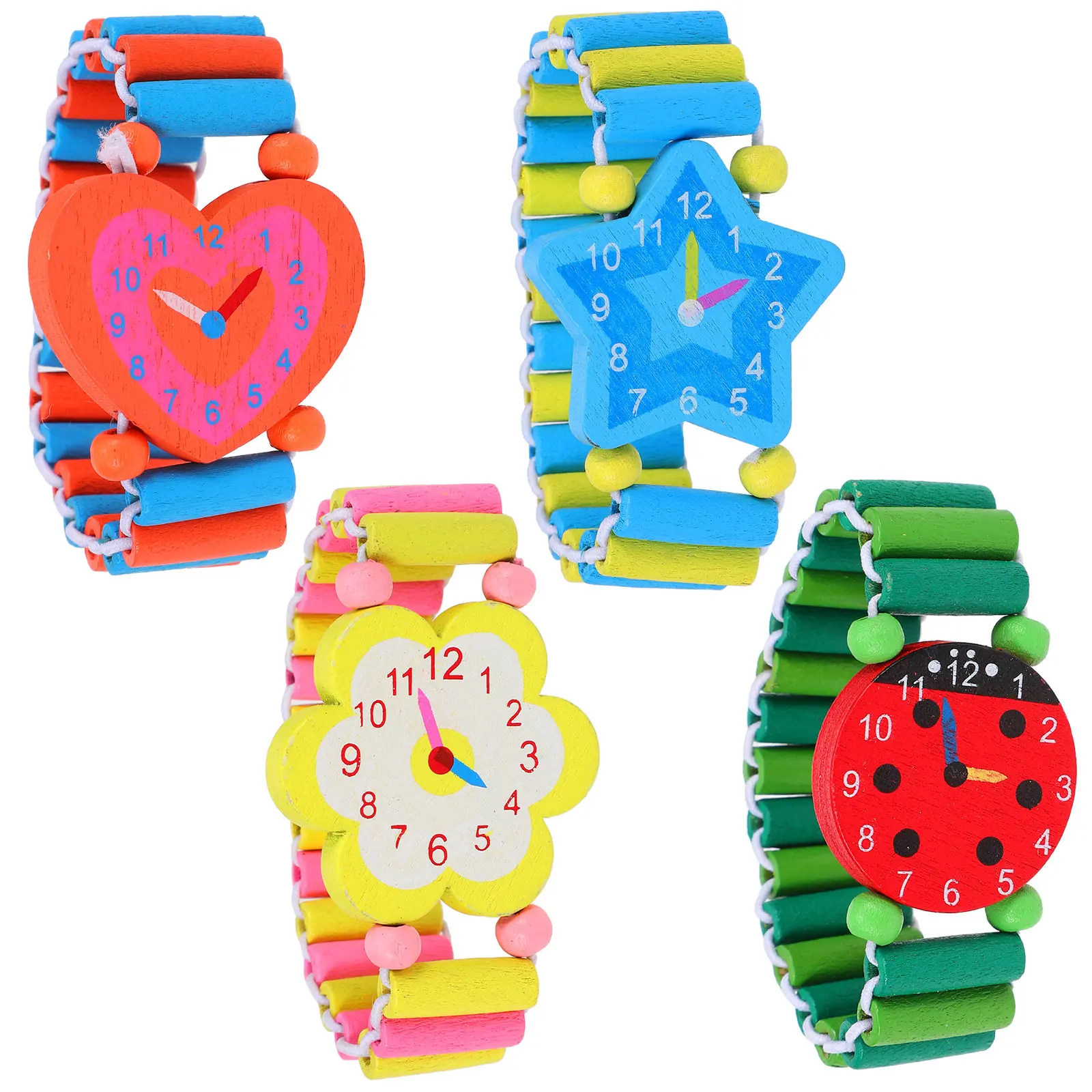 

4Pcs Kids Wooden Cartoon Watch Creative Stretchy Band Baby Shower Favors Pretend Wristwatch for Toddlers Kids Watch Toy