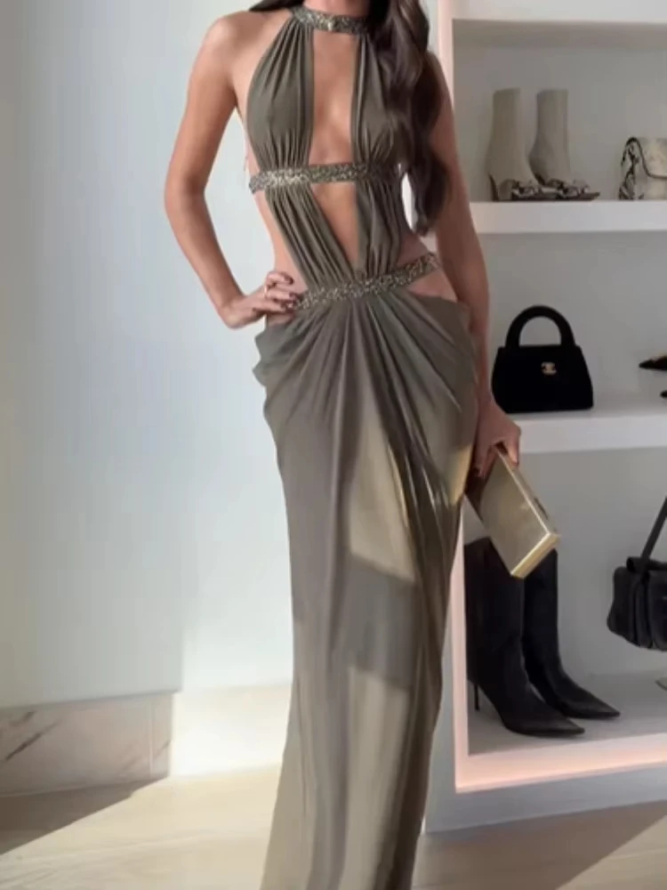 セクシーな背中見せスパンコールホルタードレス レディース ノースリーブ オフショルダー ホローアウト プリーツ マキシドレス 新作 レディース イブニングパーティーガウン