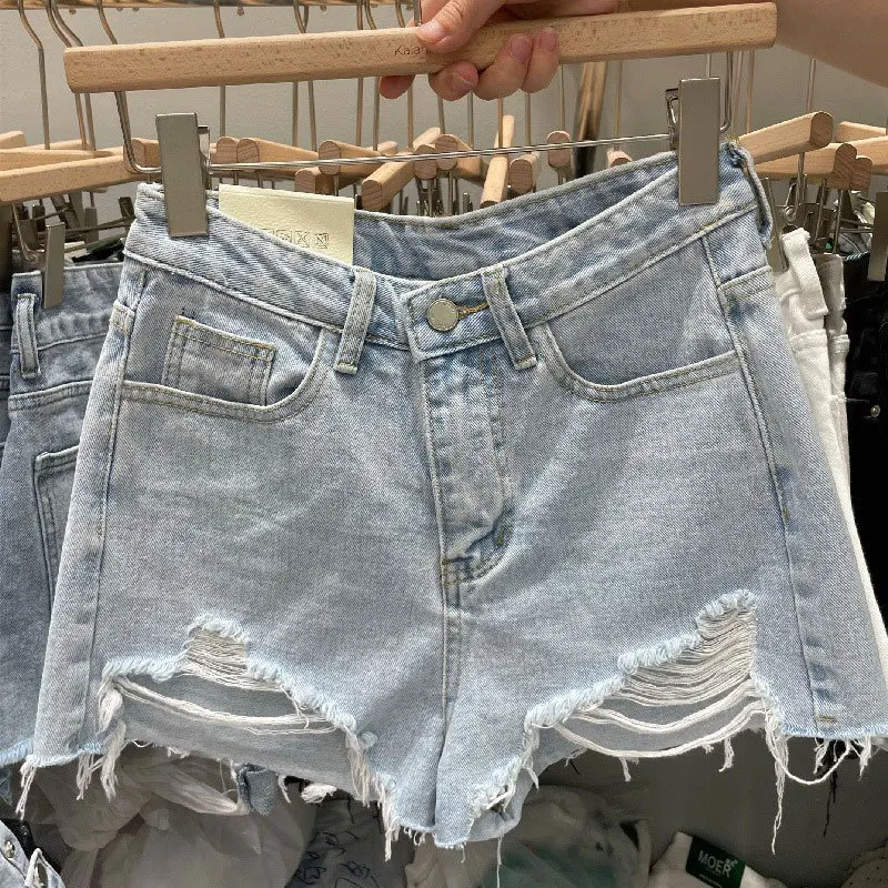 New Rough-edged Denim Shorts Women's Loose A-shaped Ripped Hot Pants High Waisted Shorts for Women