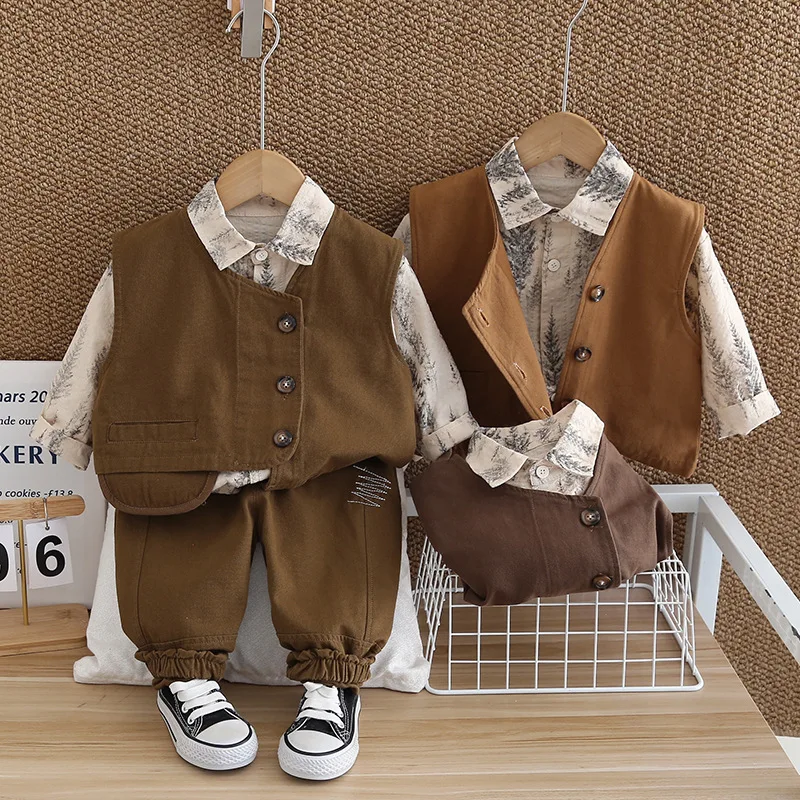 

Комплекты одежды для мальчиков, весна-осень 2021, детский модный жилет, рубашки, брюки, праздничный костюм из 3 предметов для детской одежды, детская одежда на день рождения