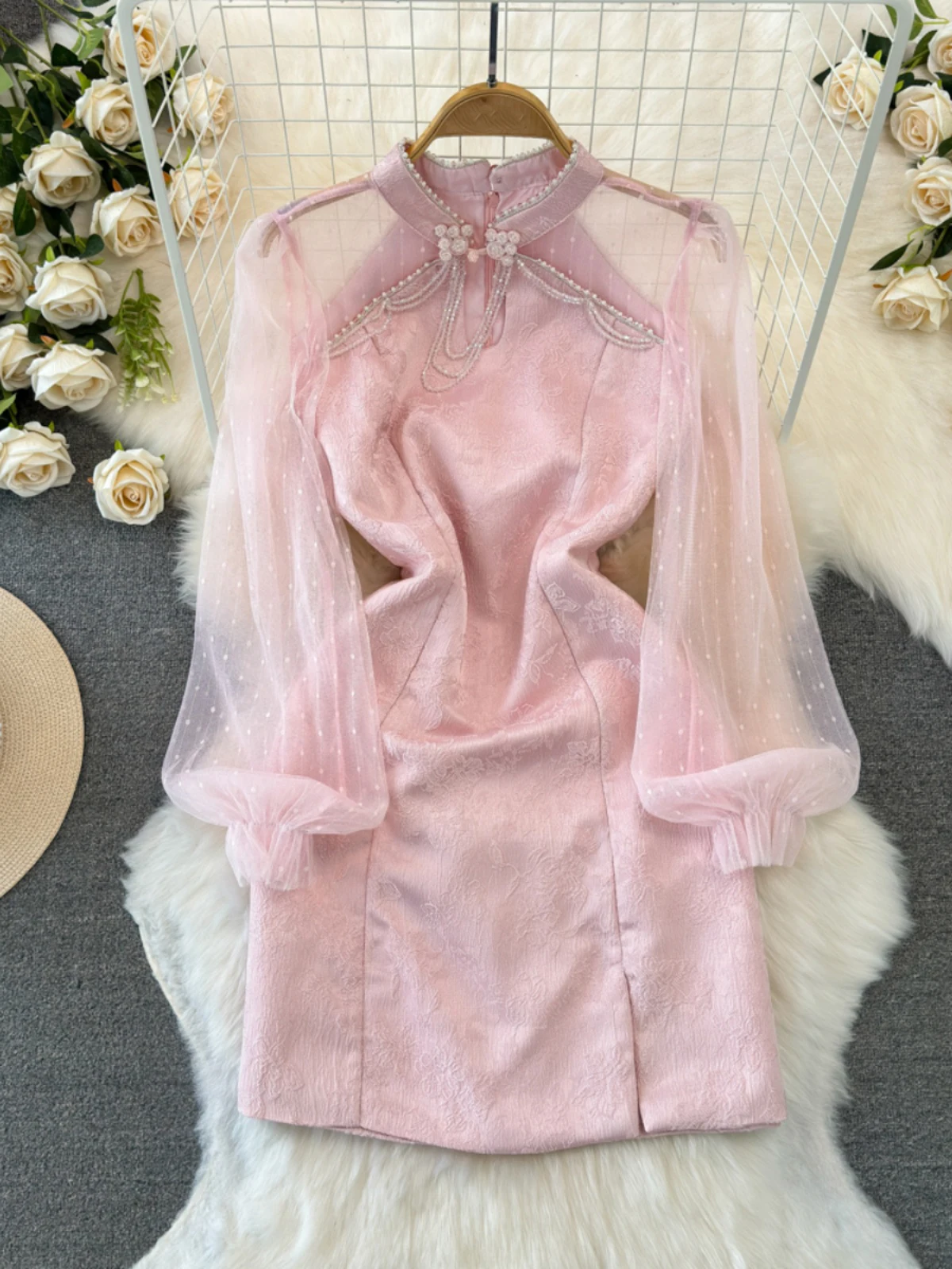 

Elegant Party Dresses 2025 Spring Chinese Style Retro Long Sleeve Slim Robes Midi Evening Gown Women Pink Patchwork Short Dress