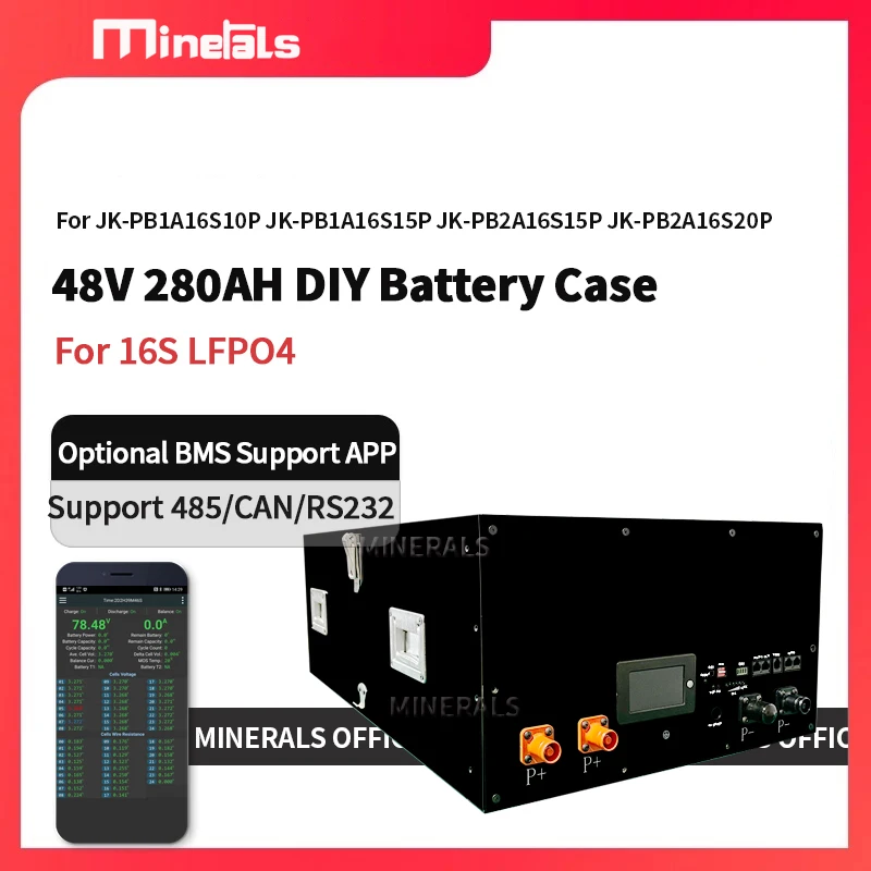 48V DIY 280AH 16S Battery case jk bms 16s 48v lifepo4 case 16S 200A Smart BMS 51.2V DIY Kits 280ah BT LCD Active Balancer Case