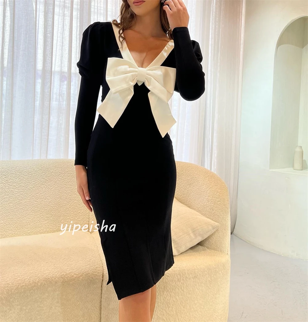 Customized Jersey Bow Pleat Prom A-line V-Neck Bespoke Occasion Gown Knee Length Dresses Saudi Arabia Evening