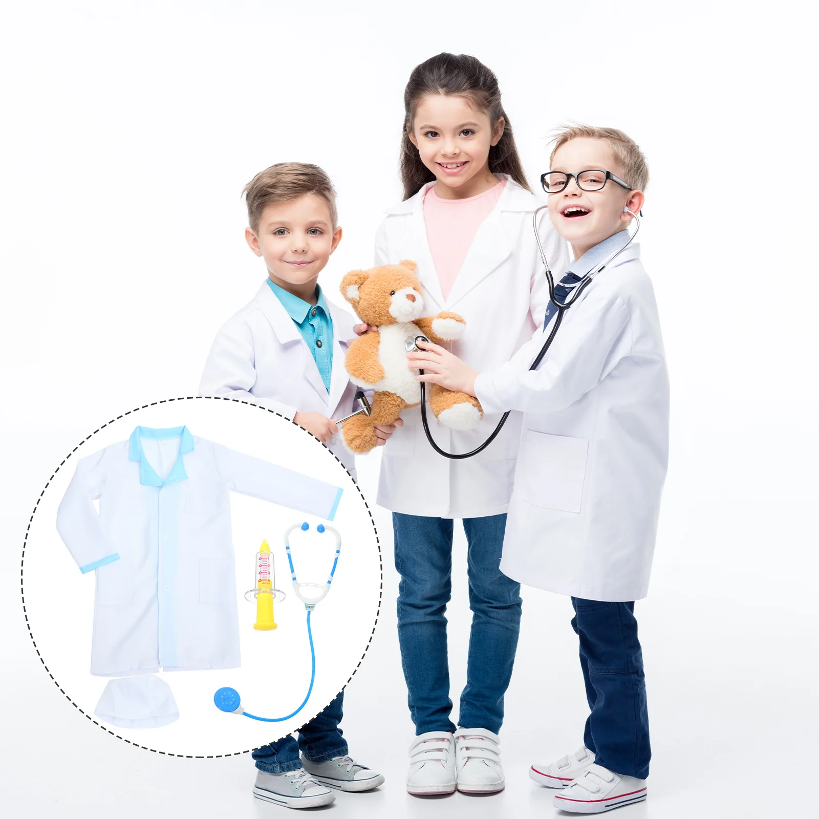 1Set Boys Doctor Costume Outfit Cosplay Role Play Uniform for 6-8 Years Old Syringe Stethoscope Shirt Halloween Stage