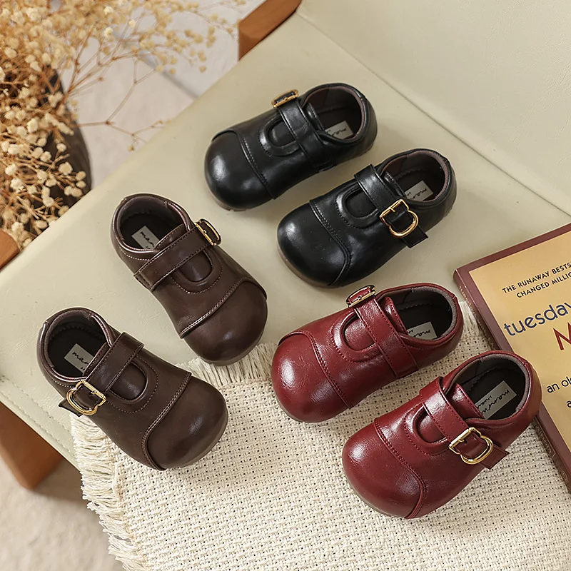 Retro Big Head Ugly Cute PU Leather Shoes Spring Autumn New Girls Belt Buckle Princess Shoes Soft Sole Fashion Loafer Shoes
