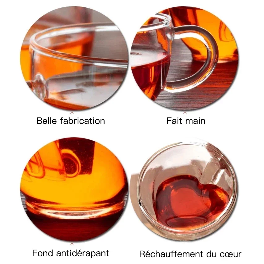 1/2pcs Heart Cup Couple Cup Double Layer Glass Insulated Clear Tea Cups with Handle for Coffee,Cappuccino, Latte, Milk Drinkware image 3