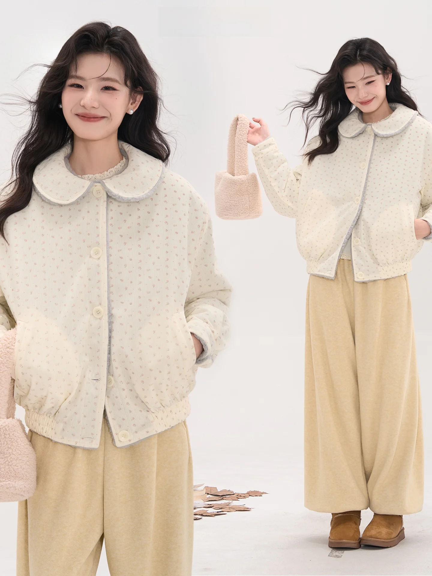 

Double-Sided Wearable Lamb Fur Collar Cotton Jaet Korean Sle Floral Print Gne Collar irt for Young Women in Winter